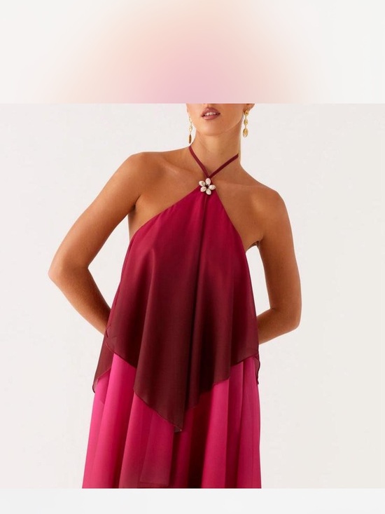 Peppermayo Dresses & Skirts - Pepper nayo Halter Overlay Colorblock Maxi Dress in Berry Pink